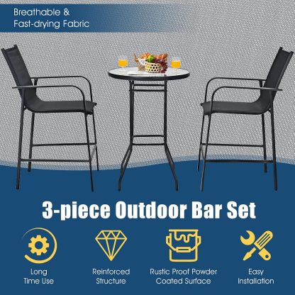3-Piece Patio Bar Set Outdoor High Top Bistro Set with 2 Bar Stools and 1 Tempered Glass Top Table