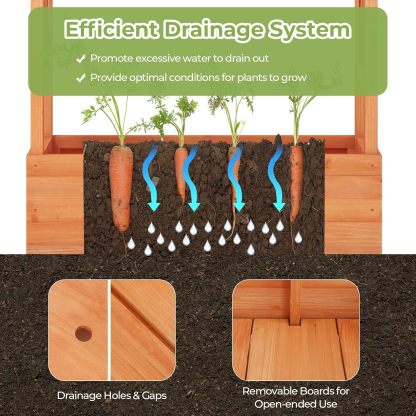 72" Raised Garden Bed with Trellis, Freestanding Wood Planter Box w/Hanging Roof & 2 Drainage Holes for Vine, Climbing Plants, Flowers, Outdoor Planter