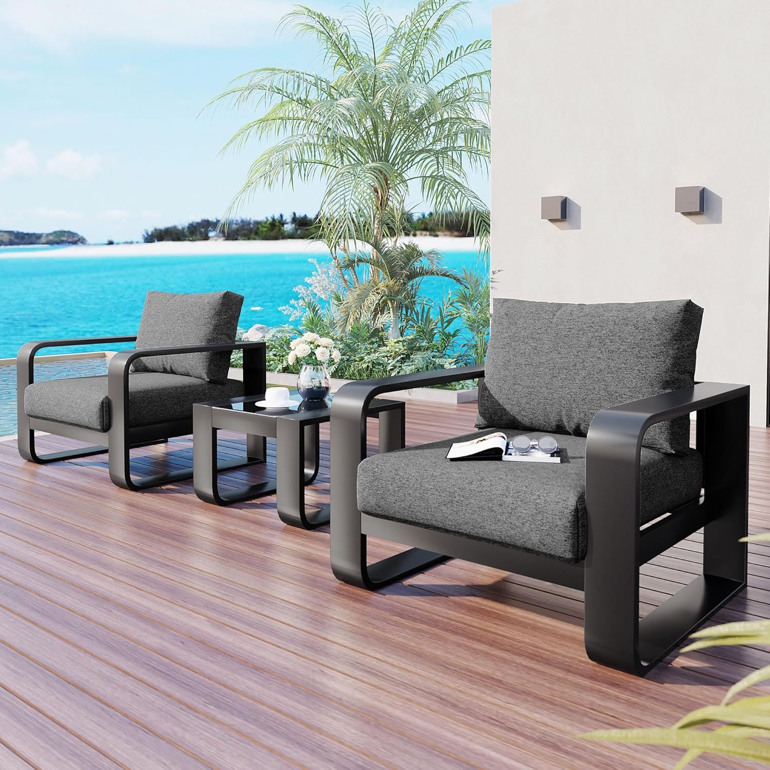 3 Pieces Outdoor Patio Furniture with Aluminum Frame Finest Teak Wood Armrest Thick Cushion Sofa and Table, Modern Patio Conversation Set