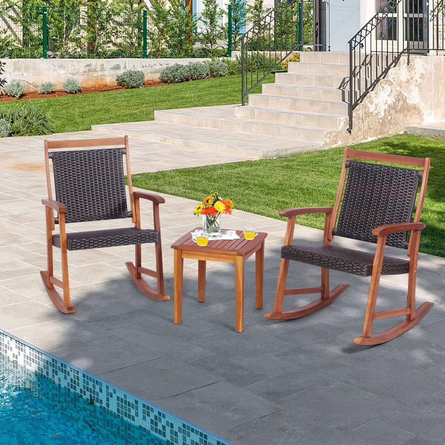3 Pieces Rocking Bistro Set Acacia Wood Patio Rocking Chairs with Coffee Table, Rattan Wicker Rocking Conversation Set for Garden Porch Backyard
