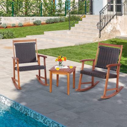 3 Pieces Rocking Bistro Set Acacia Wood Patio Rocking Chairs with Coffee Table, Rattan Wicker Rocking Conversation Set for Garden Porch Backyard