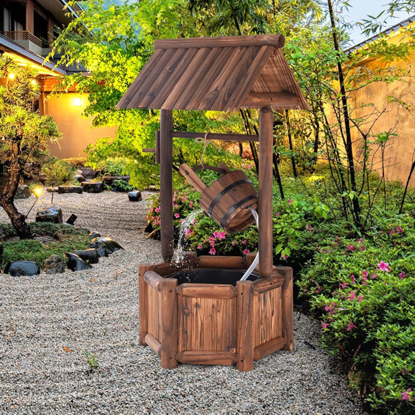 Outdoor Wishing Well Water Fountain, Old-Fashioned Wood Waterfall Fountain with Bucket Pump