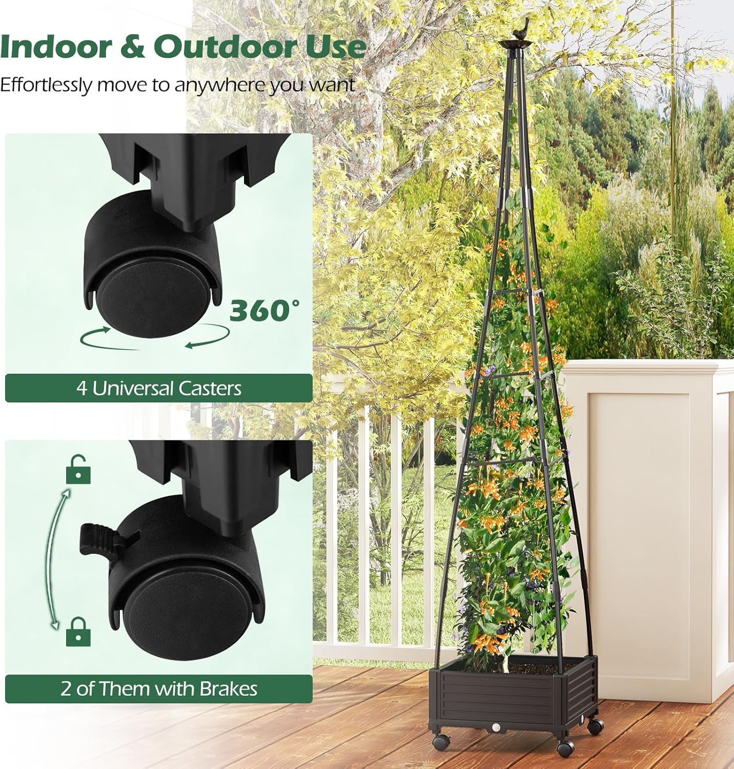81” Garden Obelisk Trellis for Climbing Plants, Tall Plant Support w/Self-Drainage System, Adjustable Size & Wheels for Vines Fruits Flowers, Indoor Outdoor Tomato Cage Tower for Yard Lawn