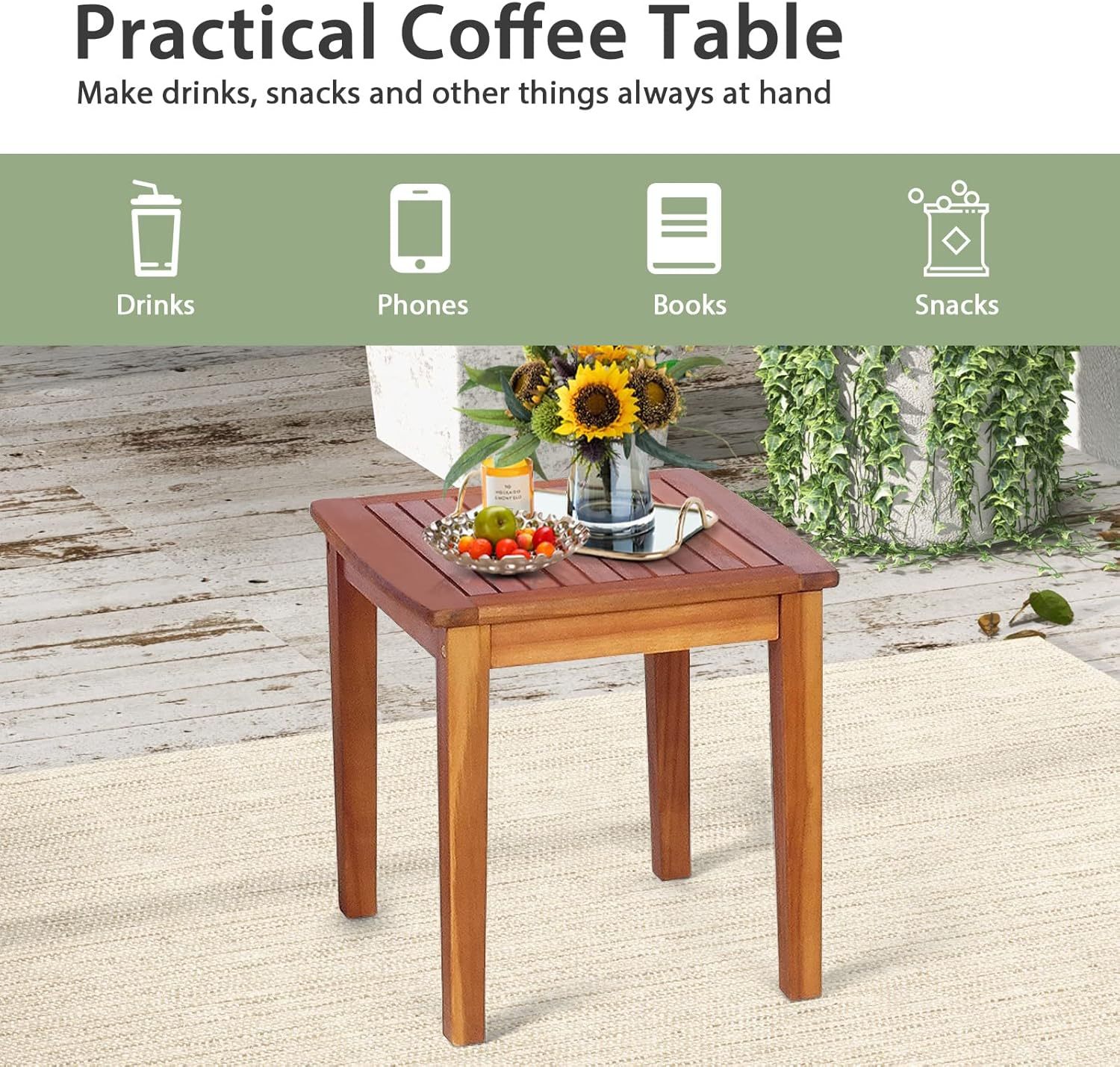 3 Pieces Rocking Bistro Set Acacia Wood Patio Rocking Chairs with Coffee Table, Rattan Wicker Rocking Conversation Set for Garden Porch Backyard