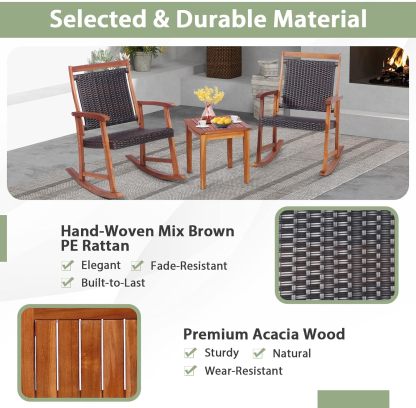 3 Pieces Rocking Bistro Set Acacia Wood Patio Rocking Chairs with Coffee Table, Rattan Wicker Rocking Conversation Set for Garden Porch Backyard