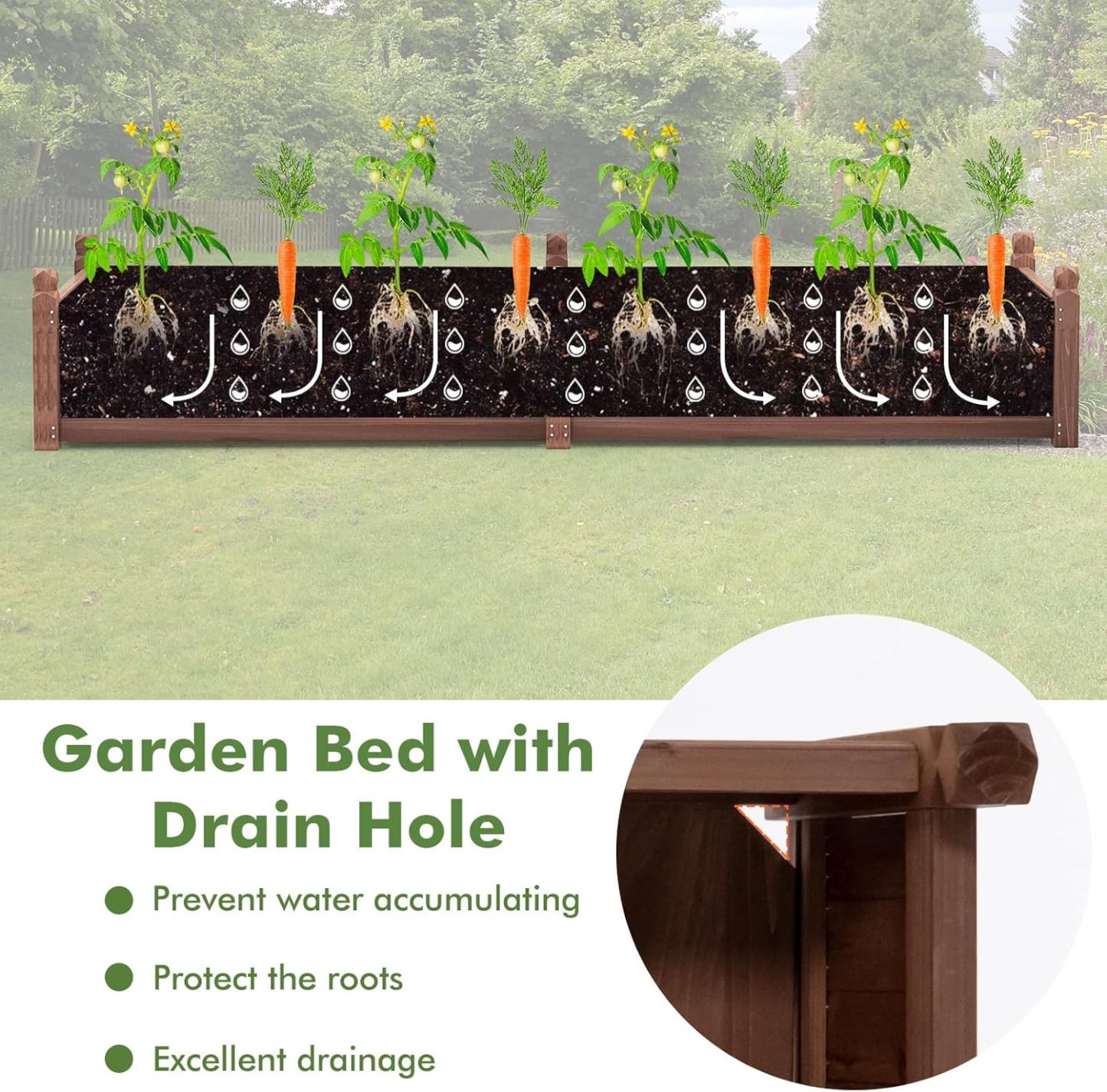 Raised Garden Bed, 91" x 24" x 16" Wood Plant Container with Drain Holes, Liner, Durable Outdoor Patio Planter Box for Flowers, Vegetables, Herbs, Fruits