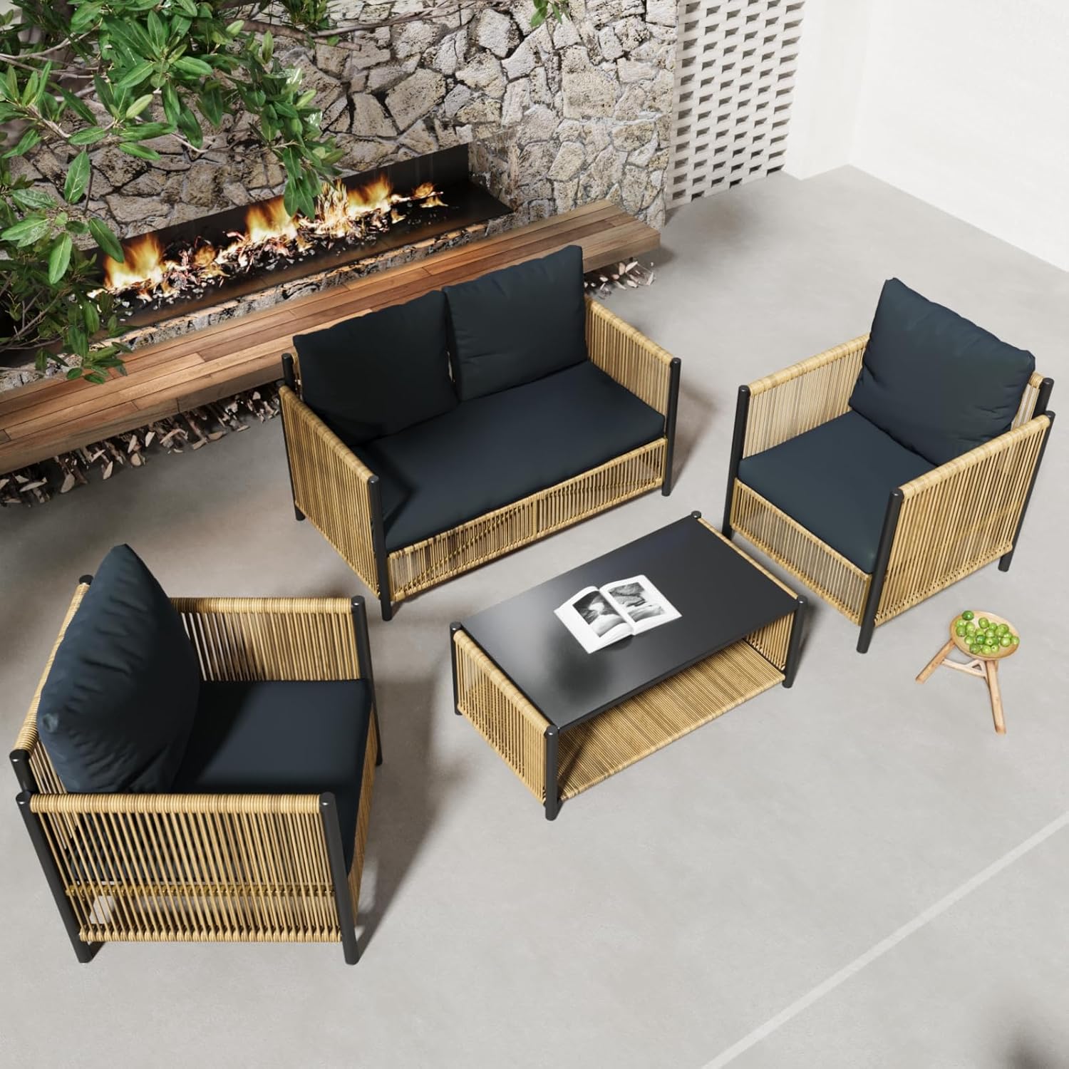 4 Pieces Aluminum Outdoor Patio Furniture Set - 2 Pcs Armchair, Loveseat & Dual-Layer Coffee Table