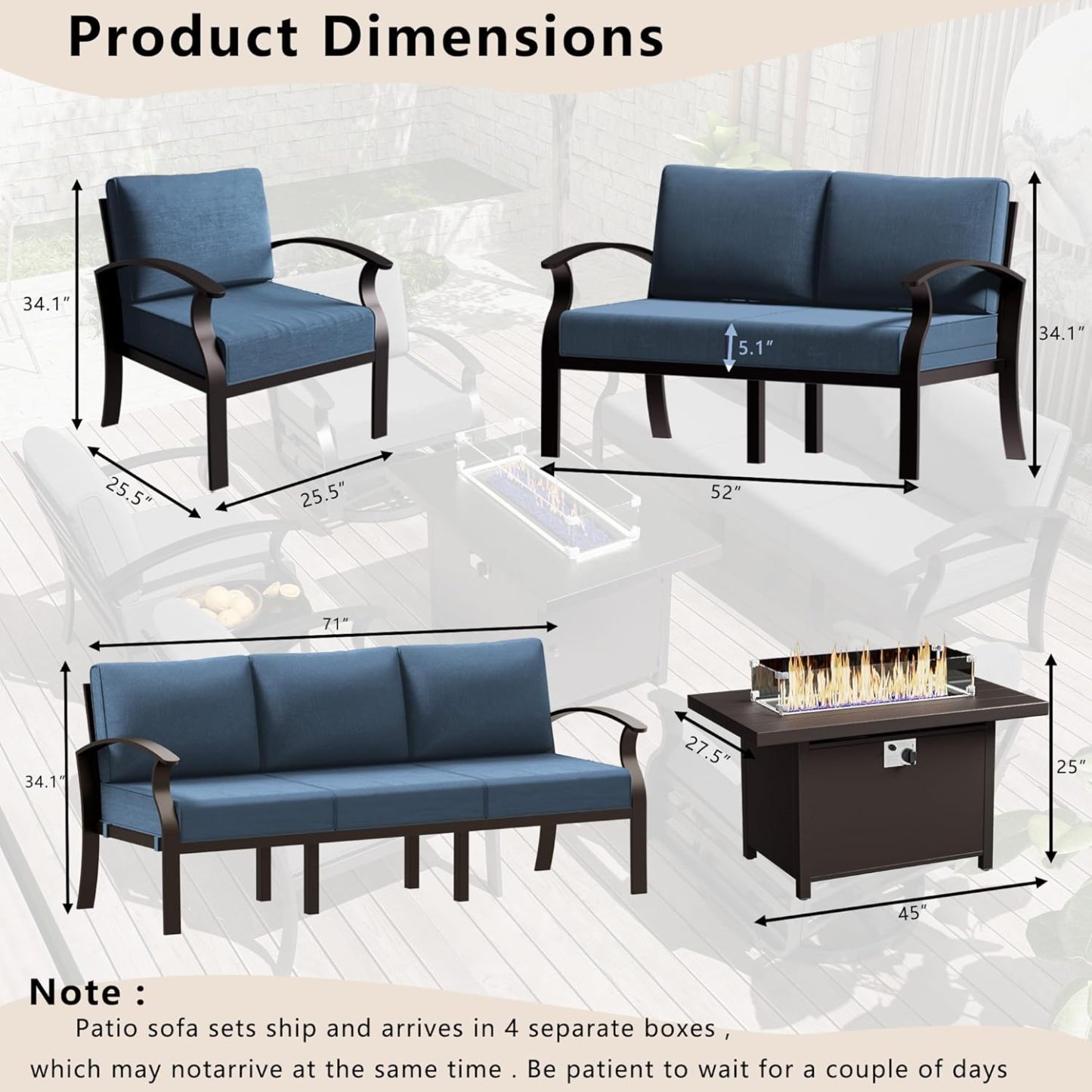 5-Piece Aluminum Armrest Sofa, Modern Outdoor Living Room Set with 55000 BTU Propane Aluminum Fireplace