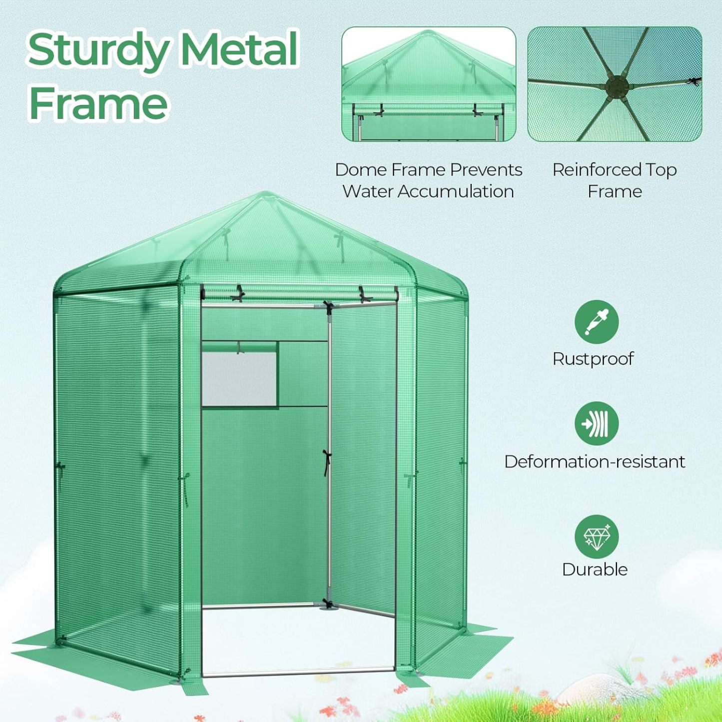 Walk-in Greenhouse, 7’x6’x7.5’ Outdoor Heavy Duty Greenhouse with PE Cover, Mesh Window & Roll-Up Door, Portable Greenhouse for Plant Gardening