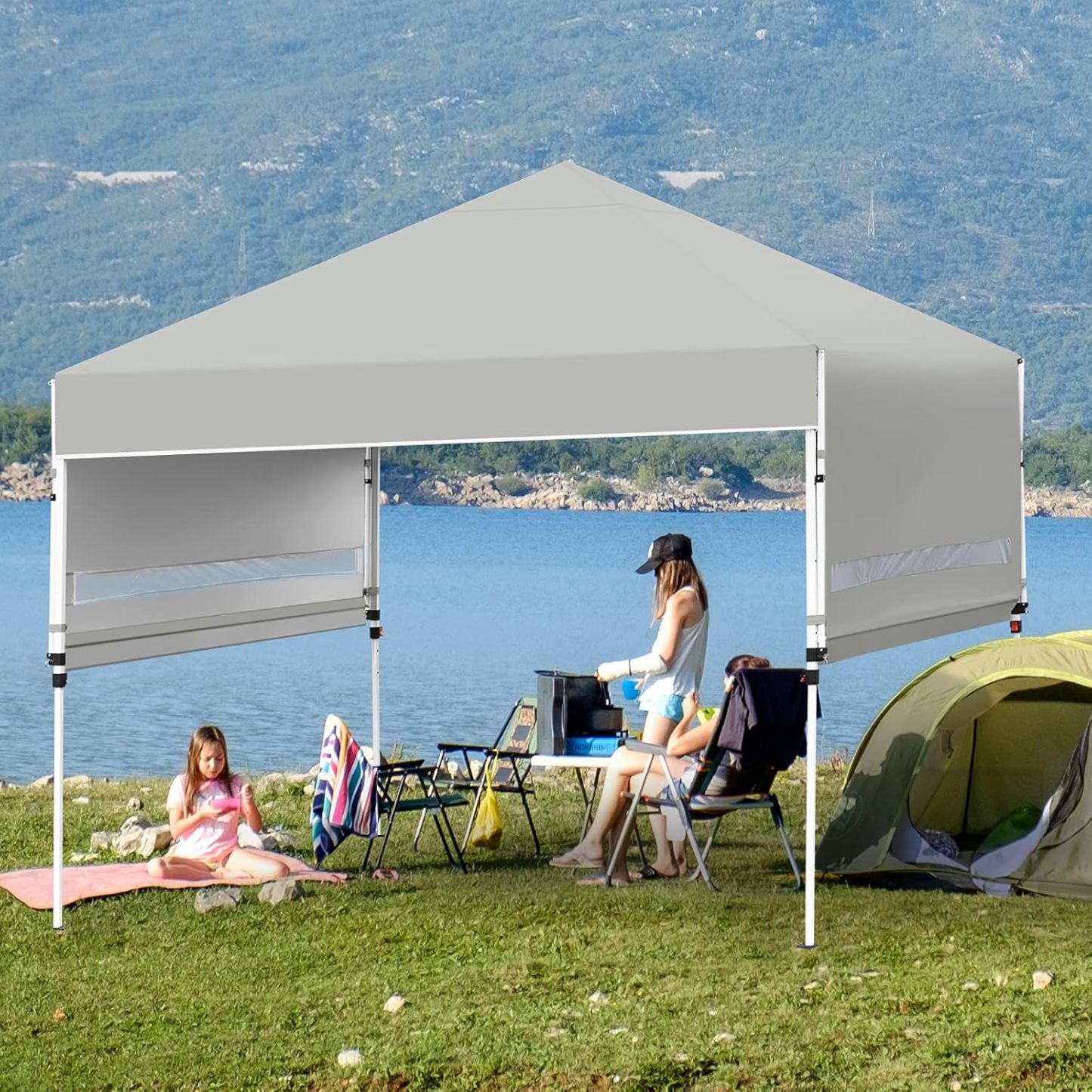Pop Up Canopy Folding Tent with Roller Bag Patio Instant Canopy with Dual Half Awnings, 3 Adjustable Height Outdoor Shelter Pavilion for Business Party Beach