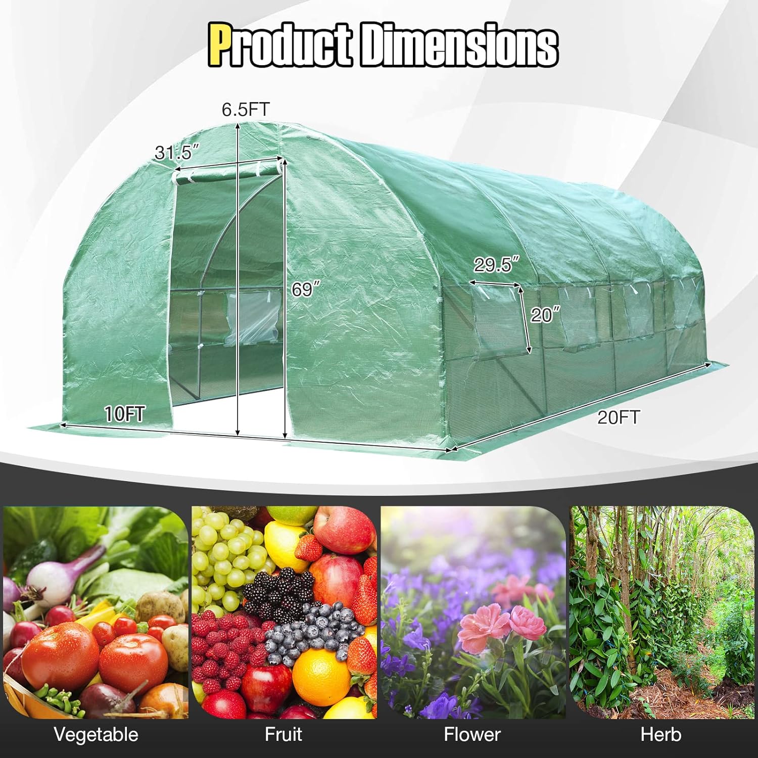 10 x 20 x 6.5 FT Large Walk-in Greenhouse Tunnel Plants Growing Tent with 2 Zippered Doors & 8 Roll-up Windows, Solid Metal Structure