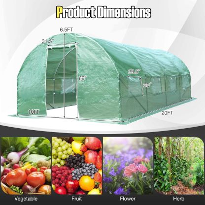 10 x 20 x 6.5 FT Large Walk-in Greenhouse Tunnel Plants Growing Tent with 2 Zippered Doors & 8 Roll-up Windows, Solid Metal Structure