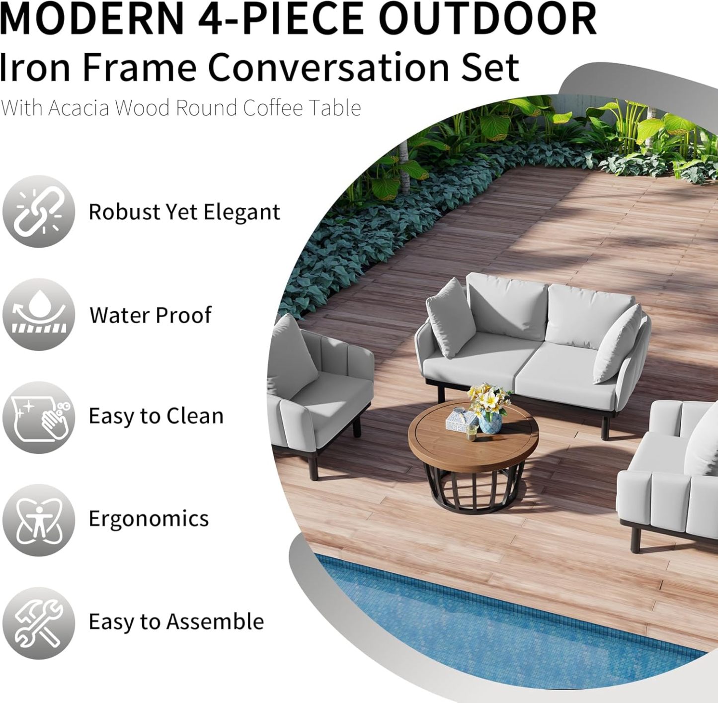 Luxury Outdoor Patio Sofa Set - 4-Piece Modern Iron Frame Conversation Set Patio Chat Set Outdoor Sofa Couch Set with Coffee Table