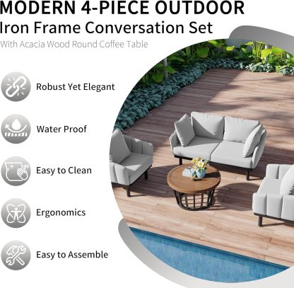 Luxury Outdoor Patio Sofa Set - 4-Piece Modern Iron Frame Conversation Set Patio Chat Set Outdoor Sofa Couch Set with Coffee Table