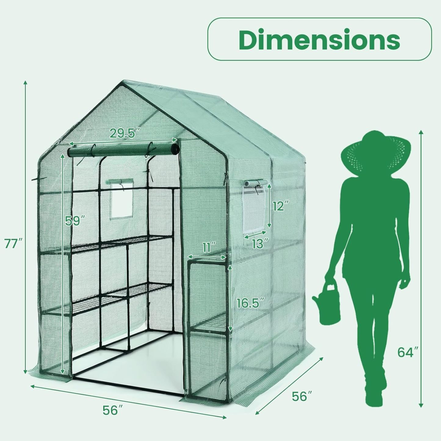 Walk-in Greenhouse, Portable Greenhouses for Outdoors w/8 Shelves, Roll-Up Zippered Door, 2 Observation Windows & 2 Tiers, Weather-Proof PE Cover