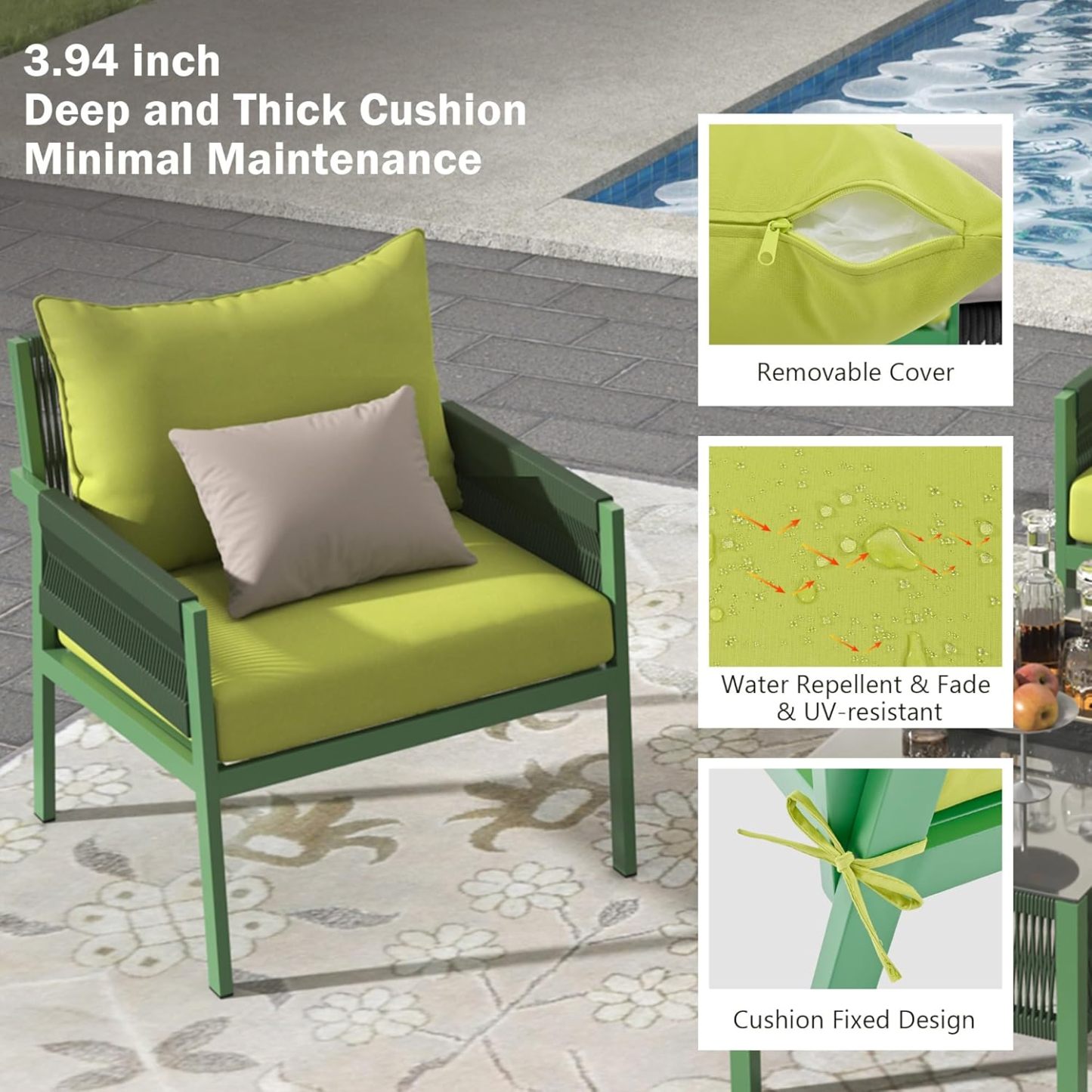 4-Piece Outdoor Patio Furniture Set - Outdoor Rope Furniture with Tempered Glass Table, Patio Conversation Set Deep Seating with Thick Cushion for Backyard Porch Balcony (Green)