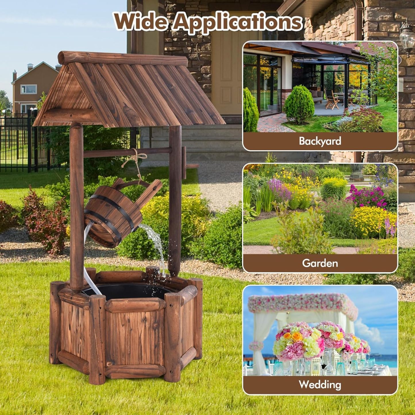 Outdoor Wishing Well Water Fountain, Old-Fashioned Wood Waterfall Fountain with Bucket Pump