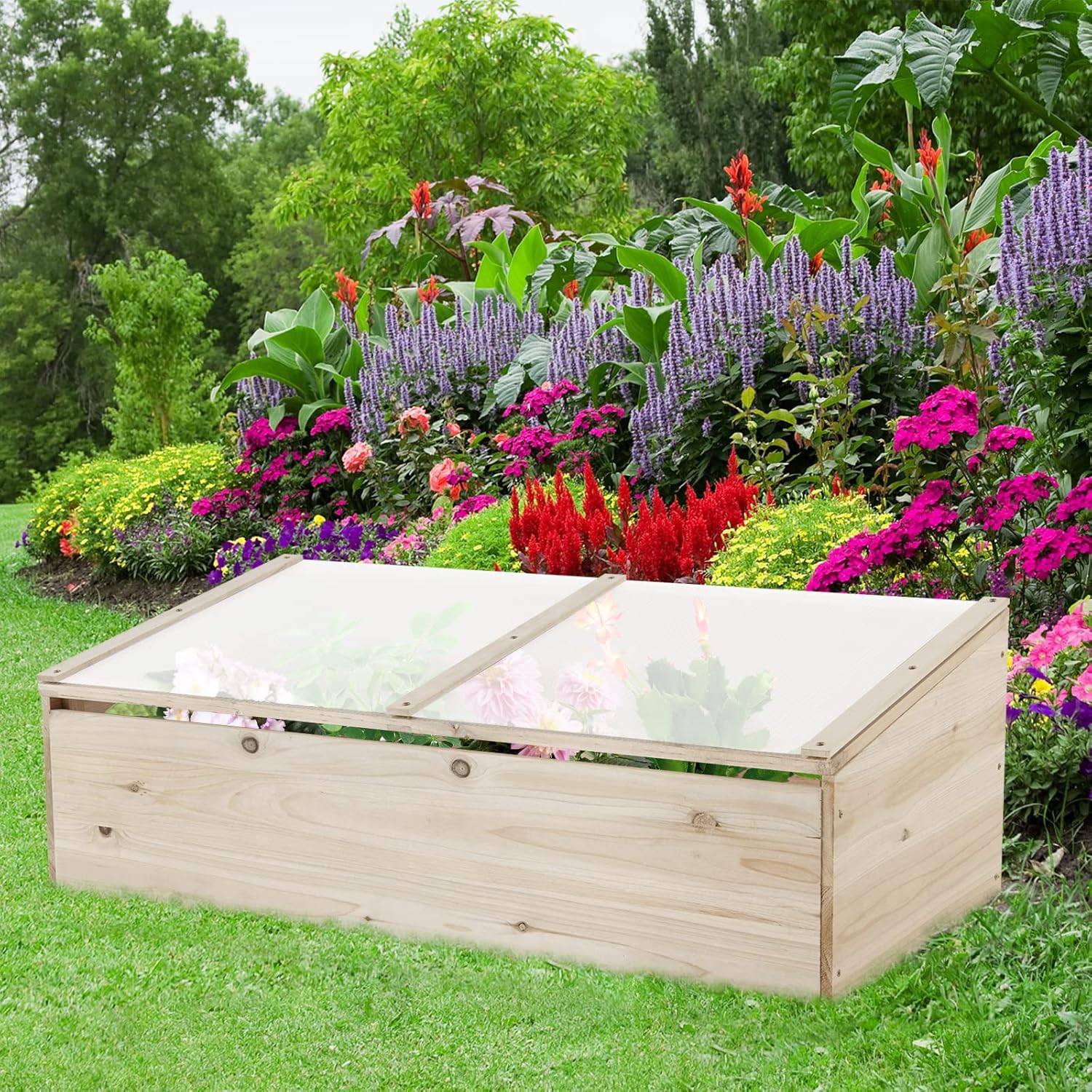 Cold Frame Greenhouse, Wood Potable Greenhouse with Foldable Top, Transparent Lid, Raised Planter Box Protection, Indoor & Outdoor Mini Greenhouse for Garden, Patio, Balcony, Terrace