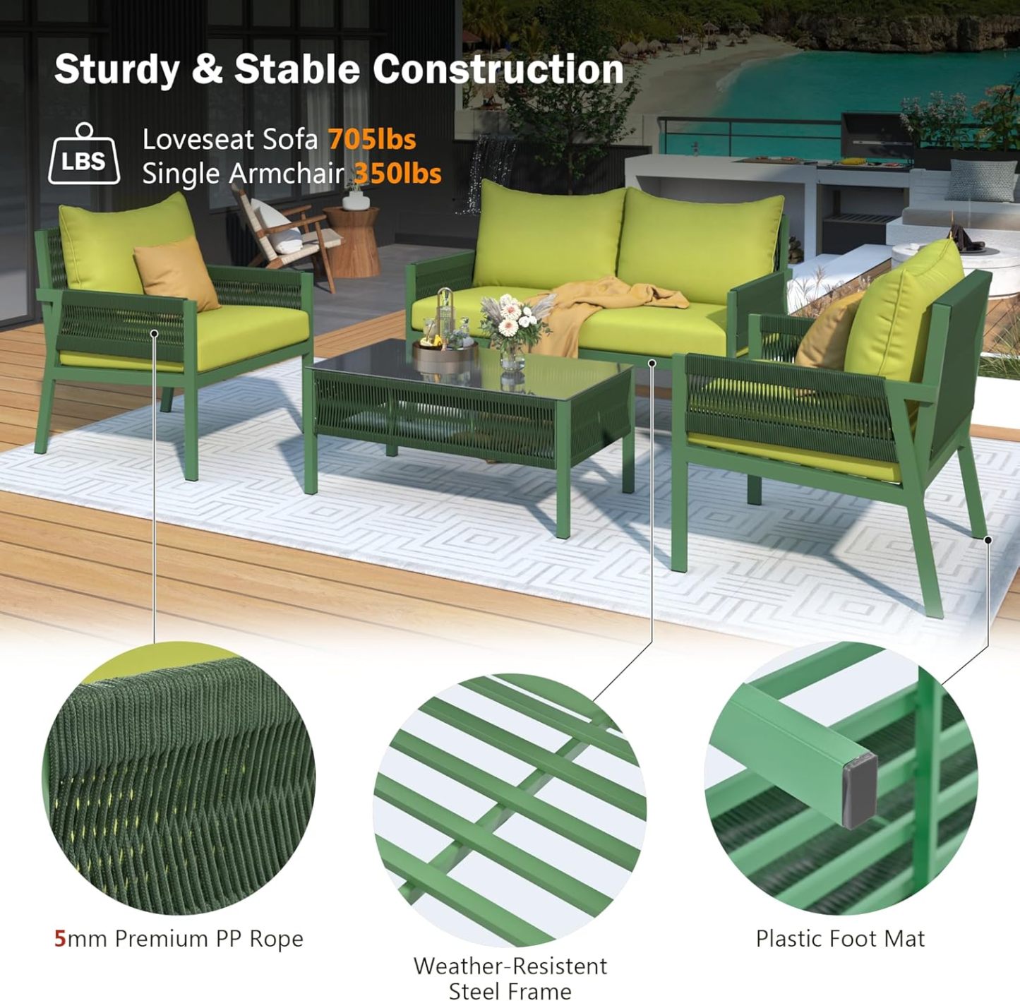4-Piece Outdoor Patio Furniture Set - Outdoor Rope Furniture with Tempered Glass Table, Patio Conversation Set Deep Seating with Thick Cushion for Backyard Porch Balcony (Green)