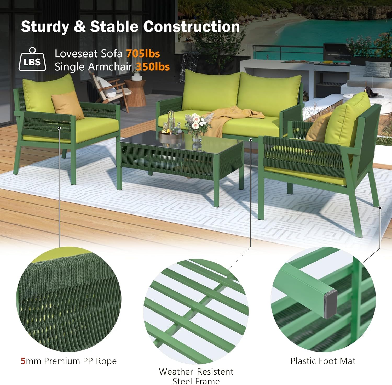 4-Piece Outdoor Patio Furniture Set - Outdoor Rope Furniture with Tempered Glass Table, Patio Conversation Set Deep Seating with Thick Cushion for Backyard Porch Balcony (Green)