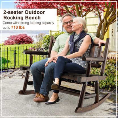 Outdoor Wood Rocking Bench Carbonized Double Rocking Chair for 2 Persons with Wide Curved Seat, Porch Rocker for Porch, Garden, Backyard, 710LBS Capacity, Rustic Brown