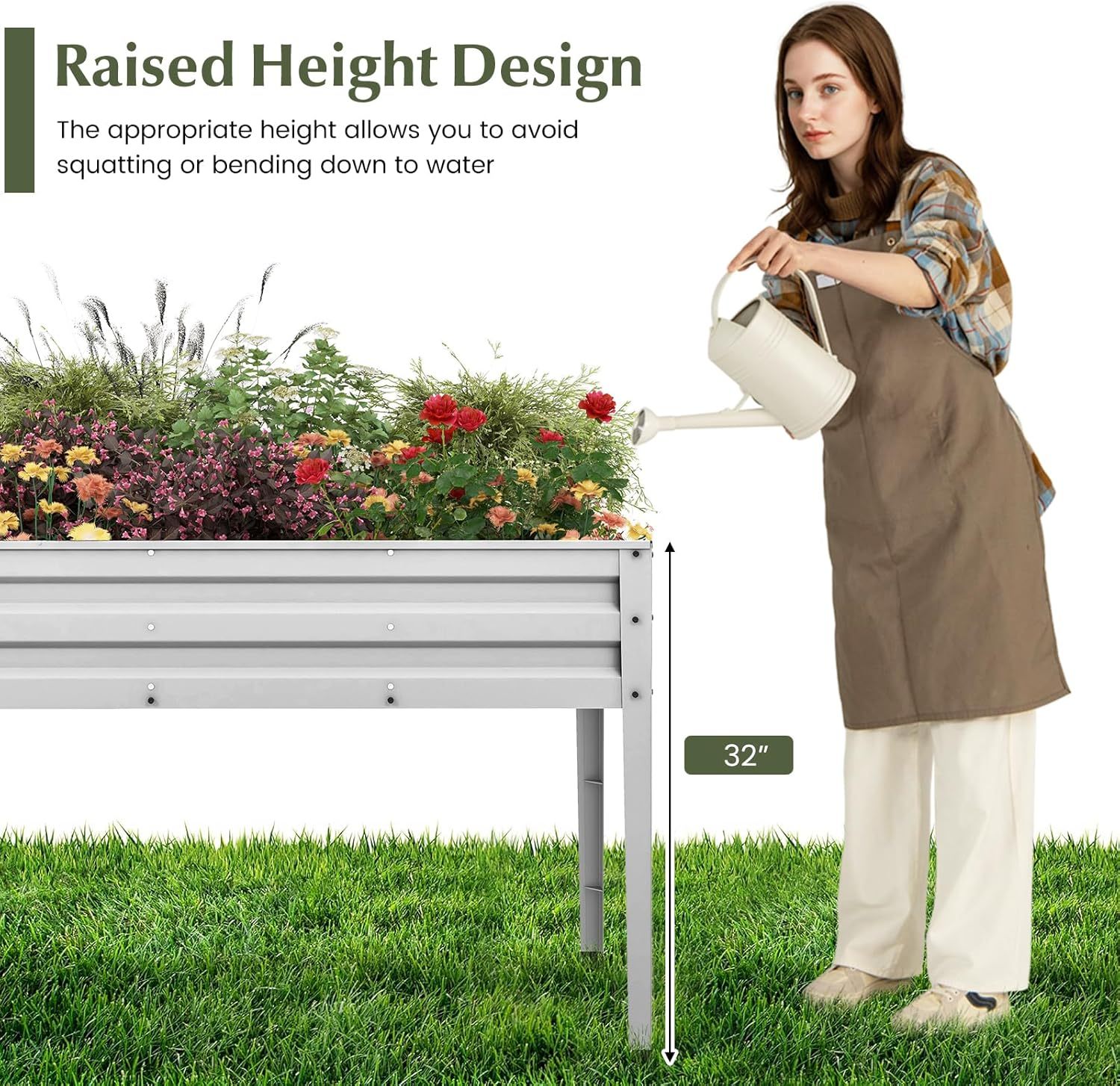 Raised Garden Bed, Freestanding Planter Box w/Drainage Holes, 4 Supporting Legs, 2 Gloves, Galvanized Planting Bed for Garden, Backyard & Patio