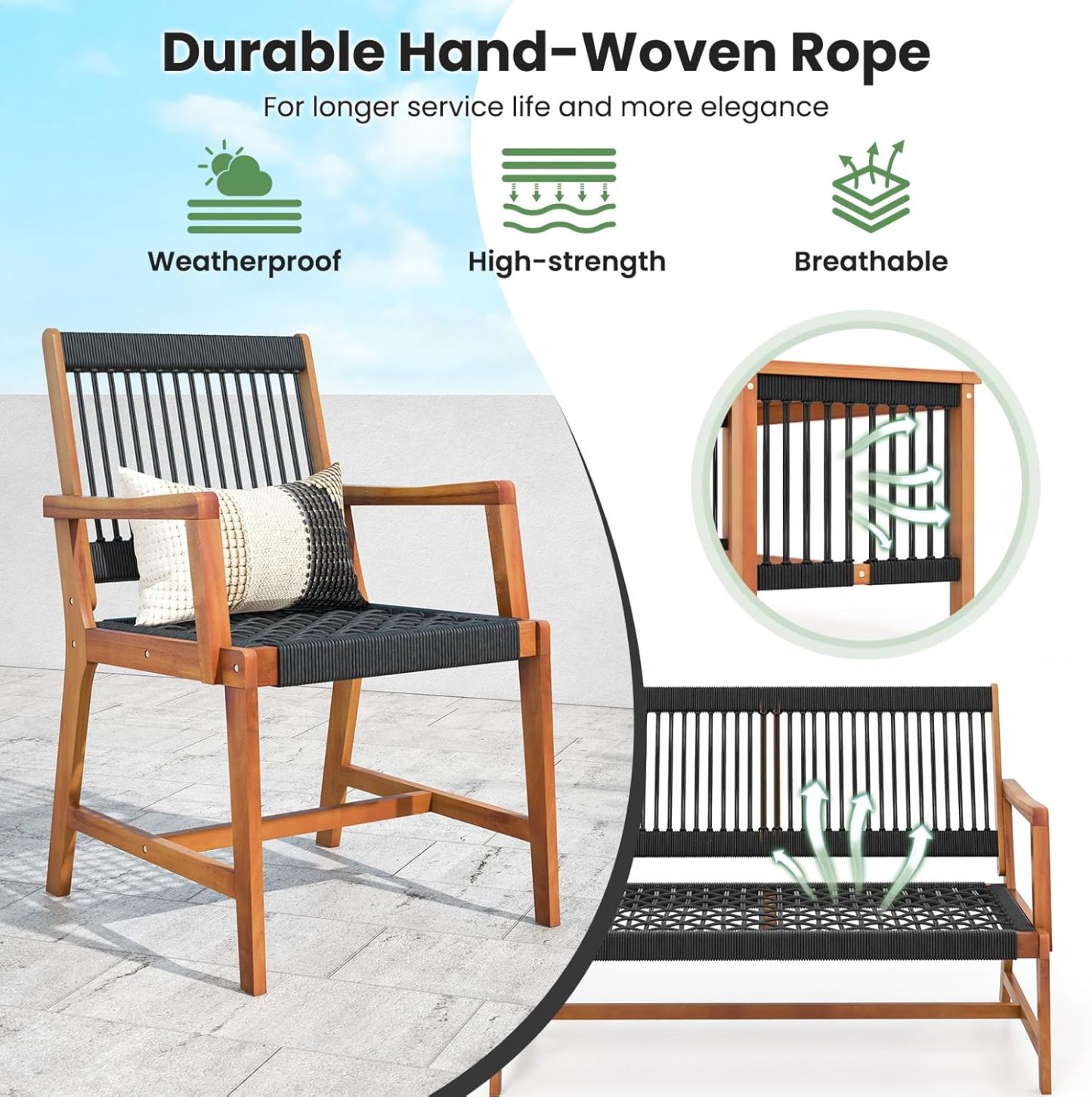 4 Pieces Patio Furniture Set Acacia Wood Conversation Set with Hand-Woven Rope Design, Ergonomic Loveseat & Single Chairs