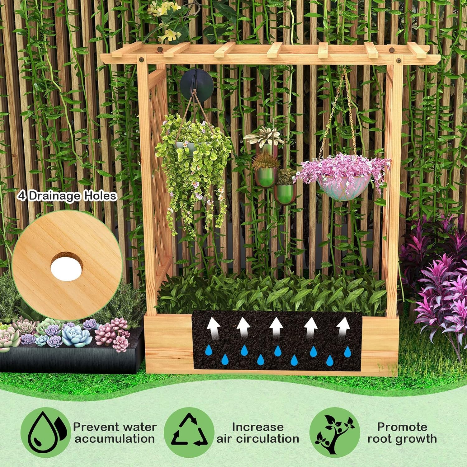 Raised Garden Bed with Trellis, Freestanding Wood Planter Box w/Hanging Roof & 4 Drainage Holes for Vine, Climbing Plants, Flowers, Outdoor Planter with Trellis for Garden, Patio, Yard