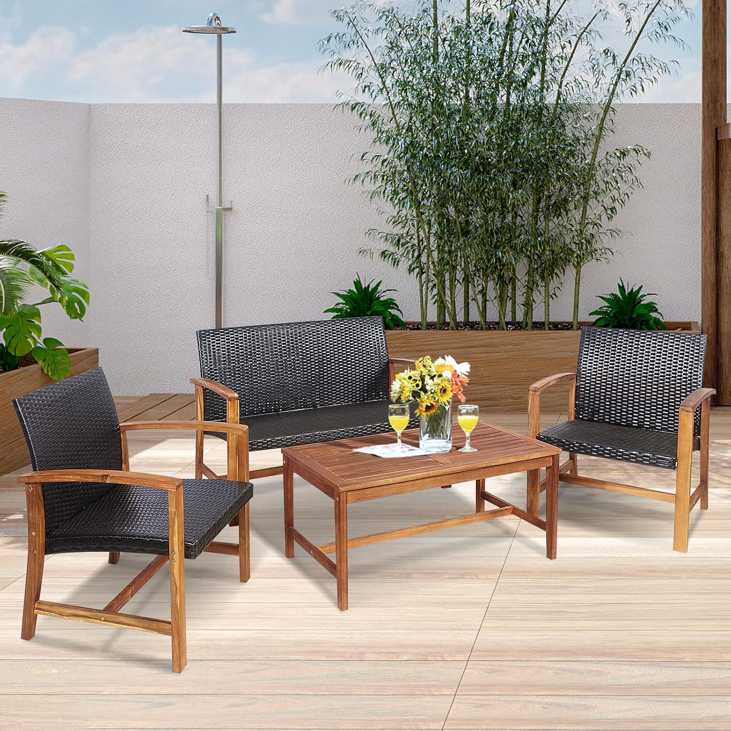 4 Pieces Patio Furniture Set Outdoor Patio Conversation Set with Coffee Table Loveseat Armchairs, Solid Acacia Wood, PE Wicker Surface, Modern Chat Set for Deck Poolside and Backyard