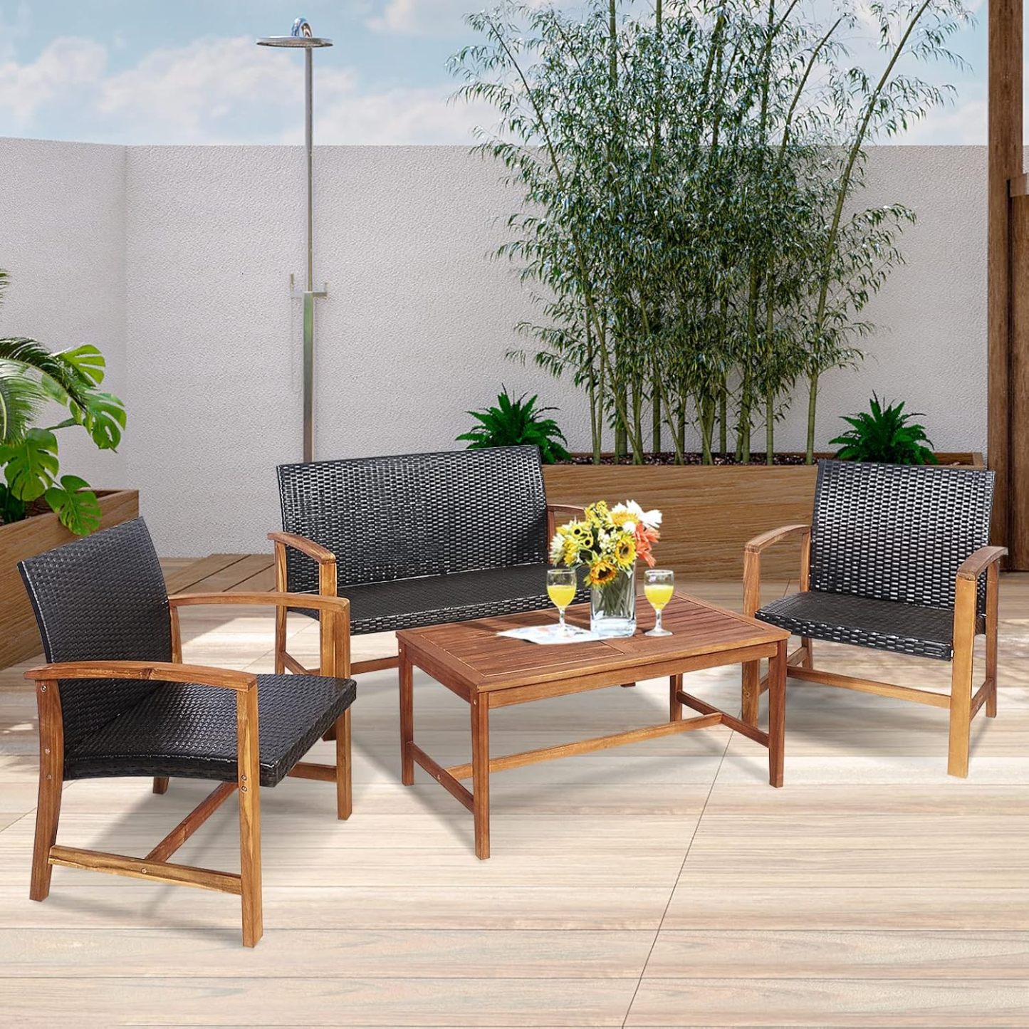 4 Pieces Patio Furniture Set Outdoor Patio Conversation Set with Coffee Table Loveseat Armchairs, Solid Acacia Wood, PE Wicker Surface, Modern Chat Set for Deck Poolside and Backyard