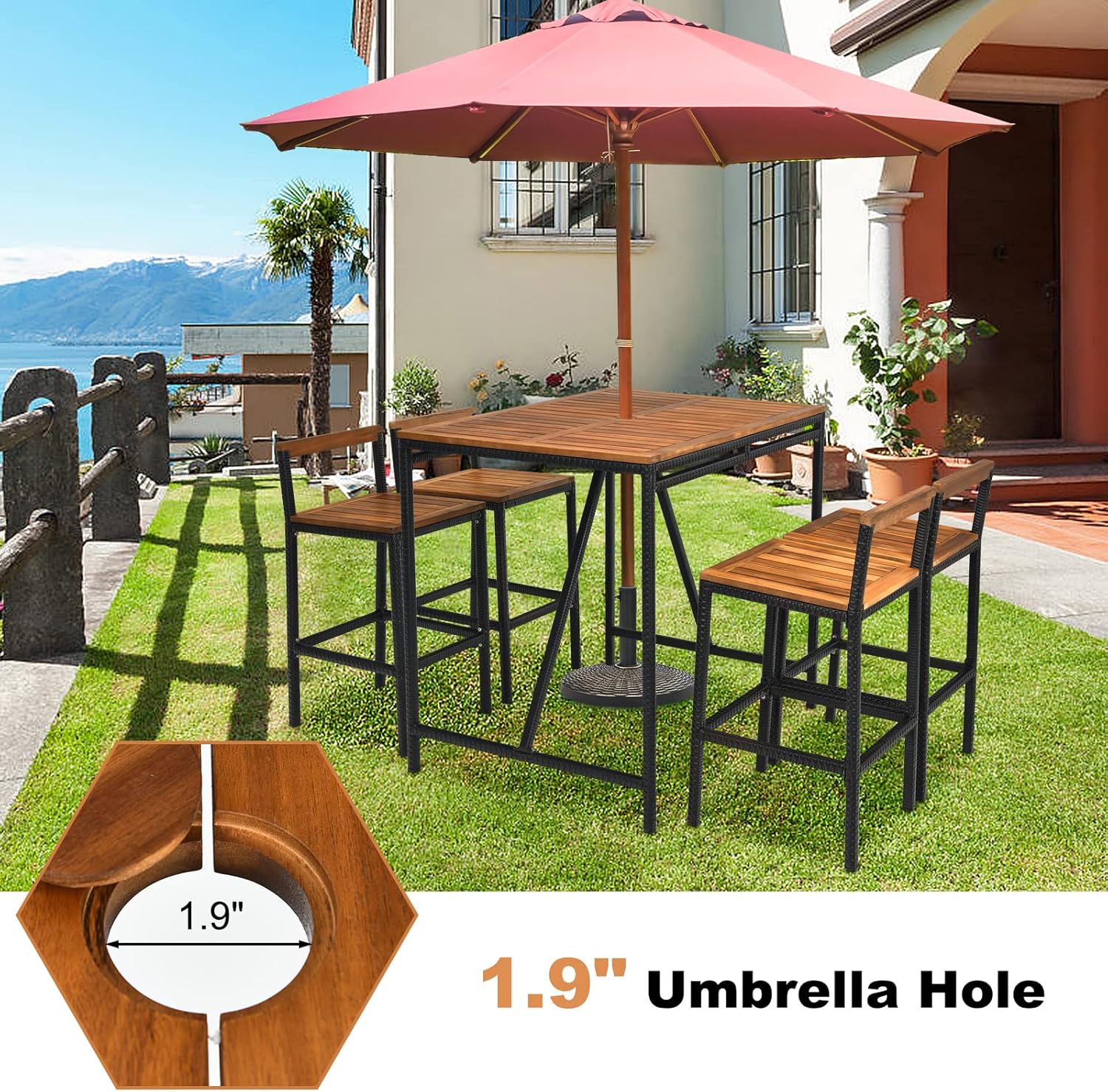 5 Pieces Patio Bar Table Set with Umbrella Hole Acacia Wood High-Dining Bistro Set with 4 Bar Stool, PE Wicker Outdoor Bar Set