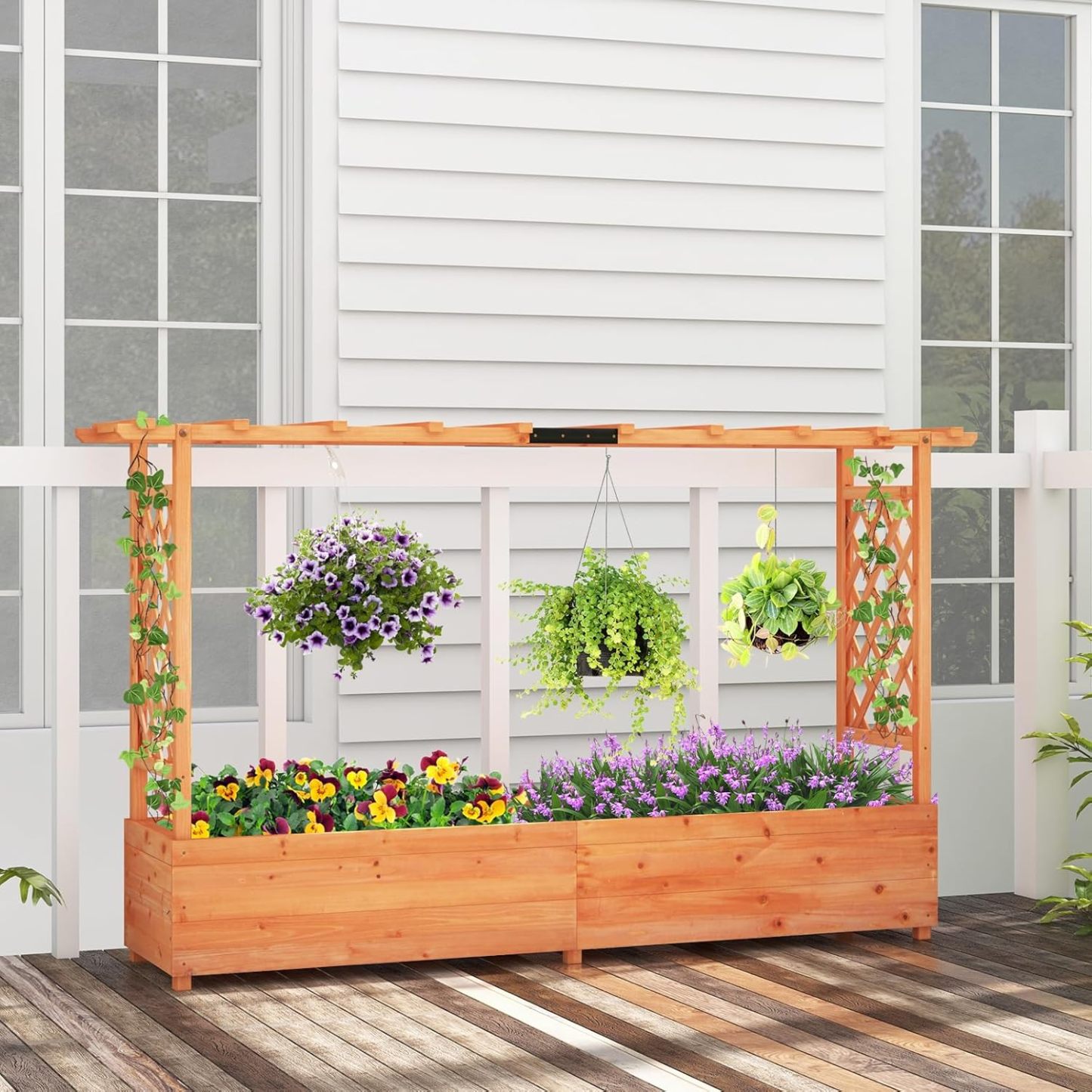 Raised Garden Bed with Trellis, Freestanding Wood Planter Box w/Hanging Roof & 8 Drainage Holes for Vine, Climbing Plants, Flowers, Outdoor Planter with Trellis