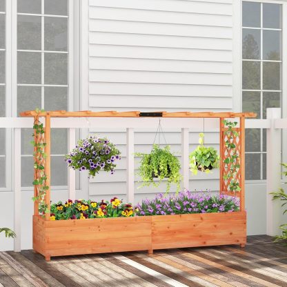 Raised Garden Bed with Trellis, Freestanding Wood Planter Box w/Hanging Roof & 8 Drainage Holes for Vine, Climbing Plants, Flowers, Outdoor Planter with Trellis
