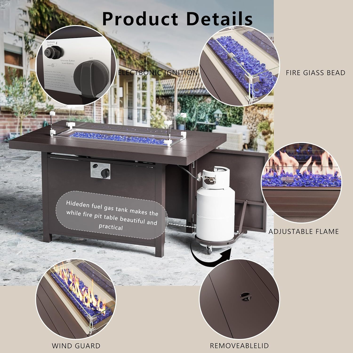 5-Piece Aluminum Armrest Sofa, Modern Outdoor Living Room Set with 55000 BTU Propane Aluminum Fireplace