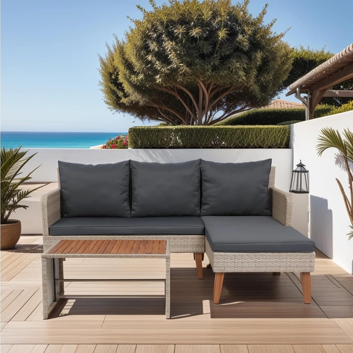 3-Piece Patio Sectional Sofa Set - Garden Patio Outdoor Conversation Set Wicker Rattan Outdoor Furniture Sofa Set