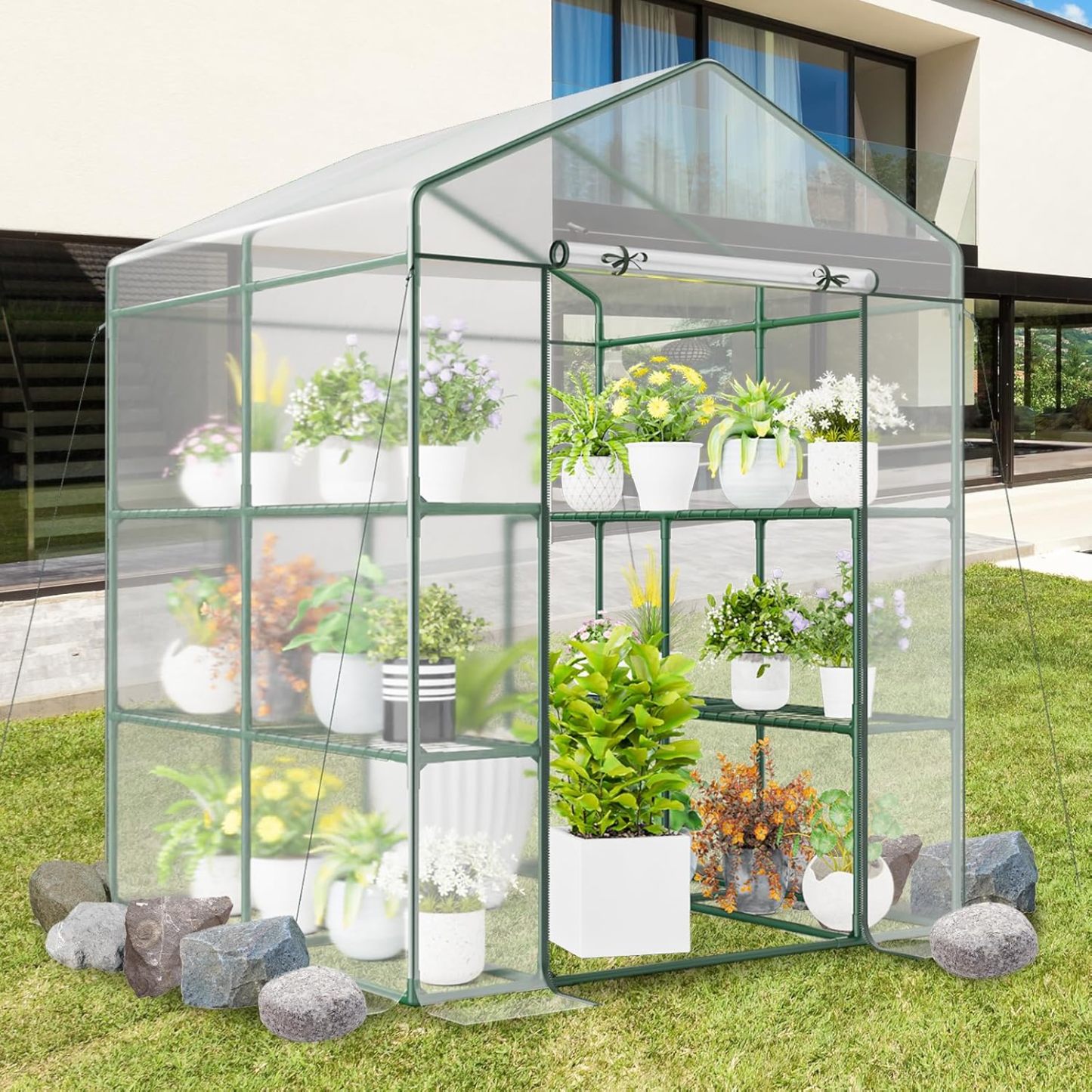 Walk-in Greenhouse, Winter Hot House w/4 Tiers, 8 Shelves, Roll-up Zippered Door, Waterproof PVC Film, Portable Greenhouses for Outdoors for Potted Plants