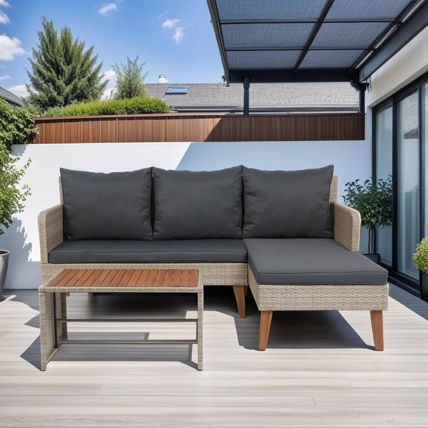 3-Piece Patio Sectional Sofa Set - Garden Patio Outdoor Conversation Set Wicker Rattan Outdoor Furniture Sofa Set