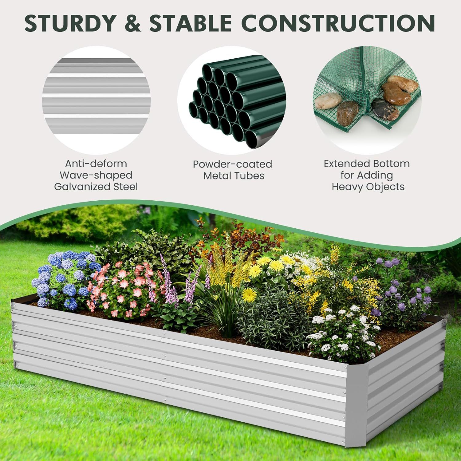 Raised Garden Bed with Cover, Outdoor Raised Planter Box Kit w/2 Large Zipper Mesh Screen Windows, Galvanized Metal Raised Bed Greenhouse for Gardening