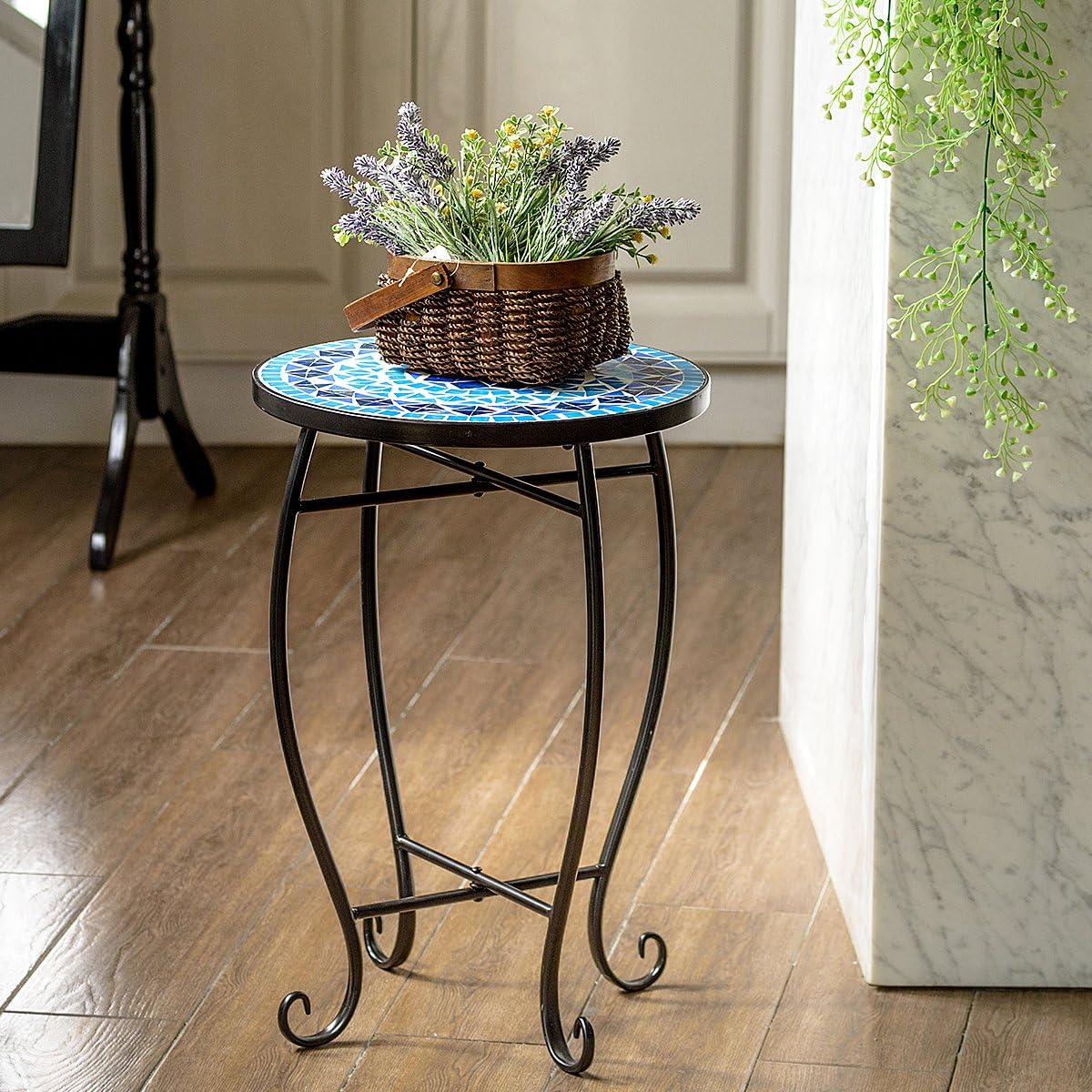 Outdoor Side Table, Round Patio Table with Ceramic Mosaic Table Top and Steel Frame, Small End Table Garden Plant Stand Table for Balcony Porch Deck