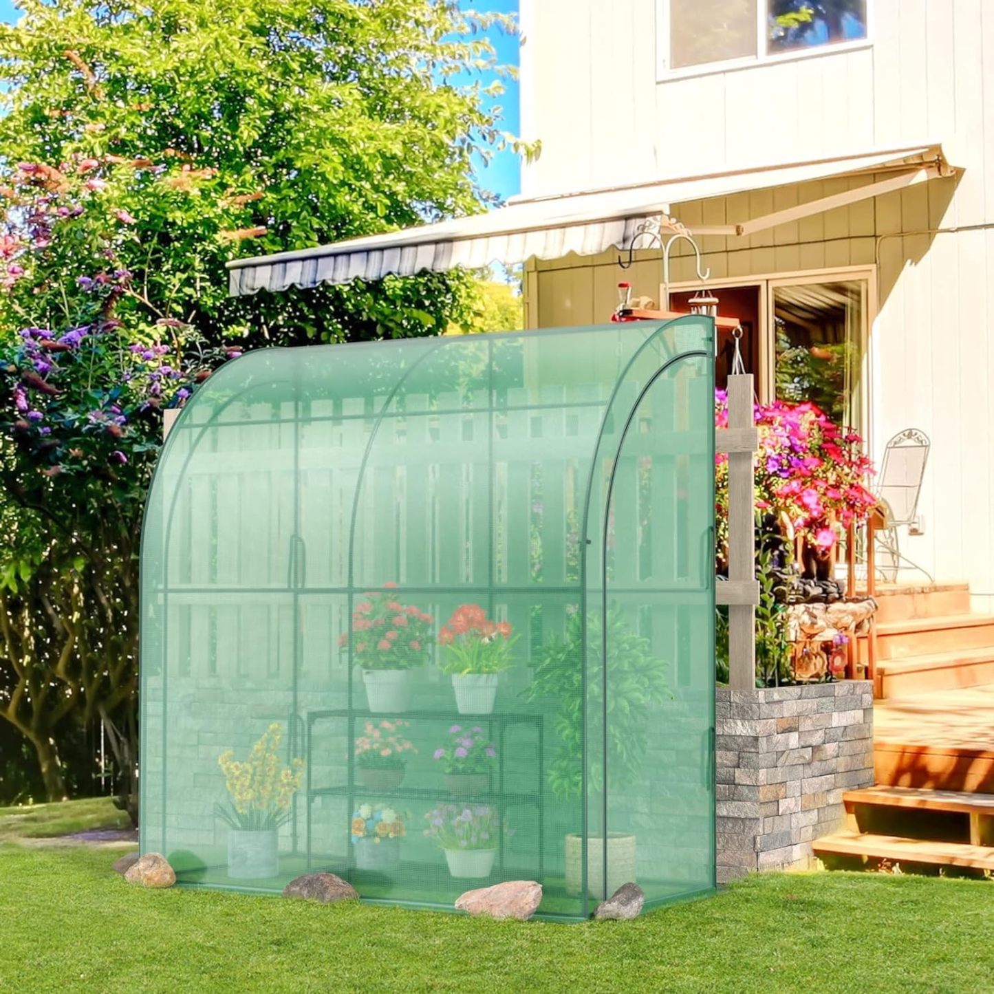 Walk-in Greenhouse, Indoor Outdoor Greenhouse with 3 Tiers Flower Rack, Weatherproof PE Cover & Roll-up Zipper Doors, Lean to Greenhouse for Garden Backyard Balcony
