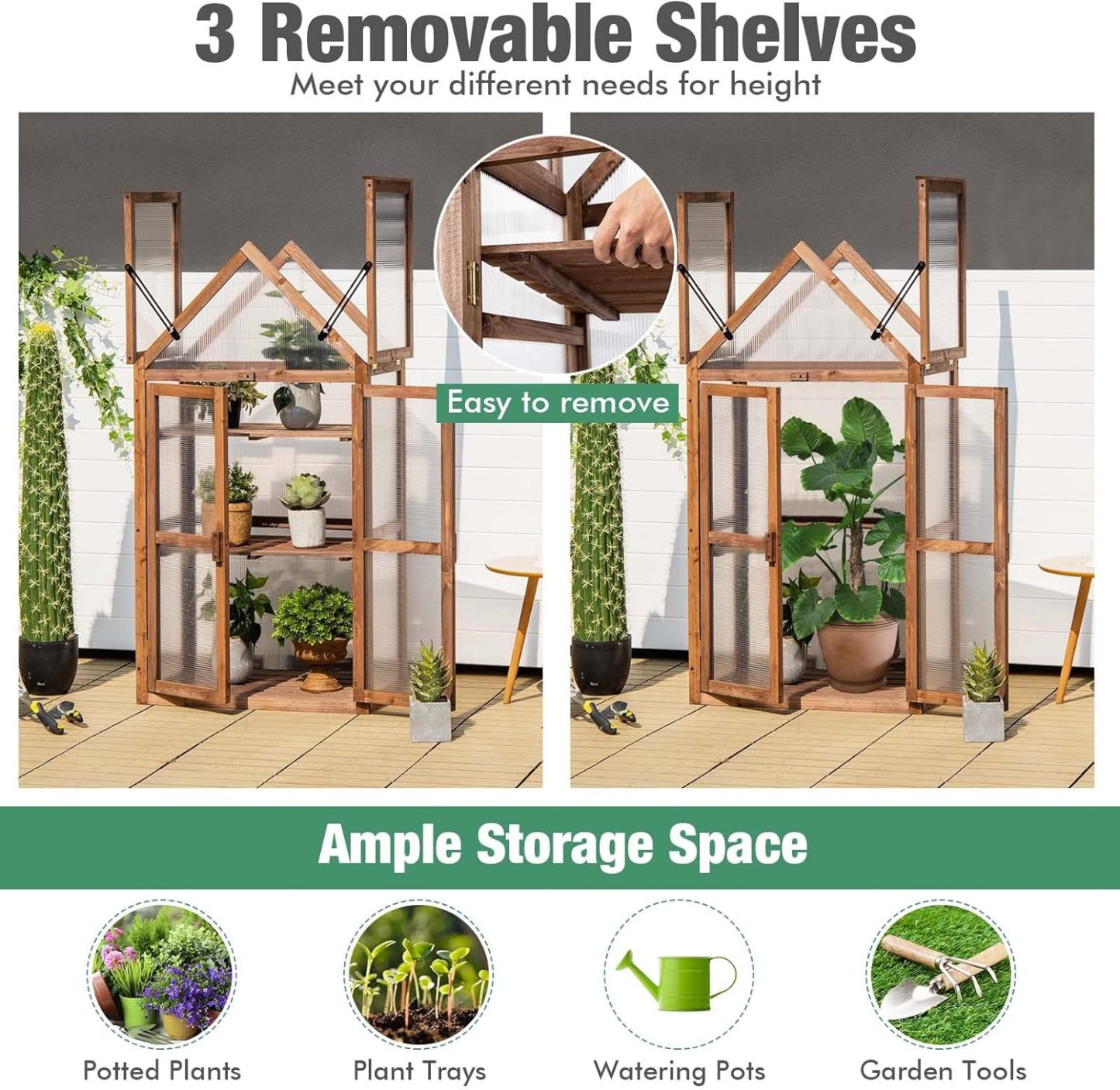 Cold Frame Greenhouse, Mini Wooden Greenhouse Raised Flower Planter Shelf w/Transparent Openable Roof, Double Doors & 3 Tier Shelves