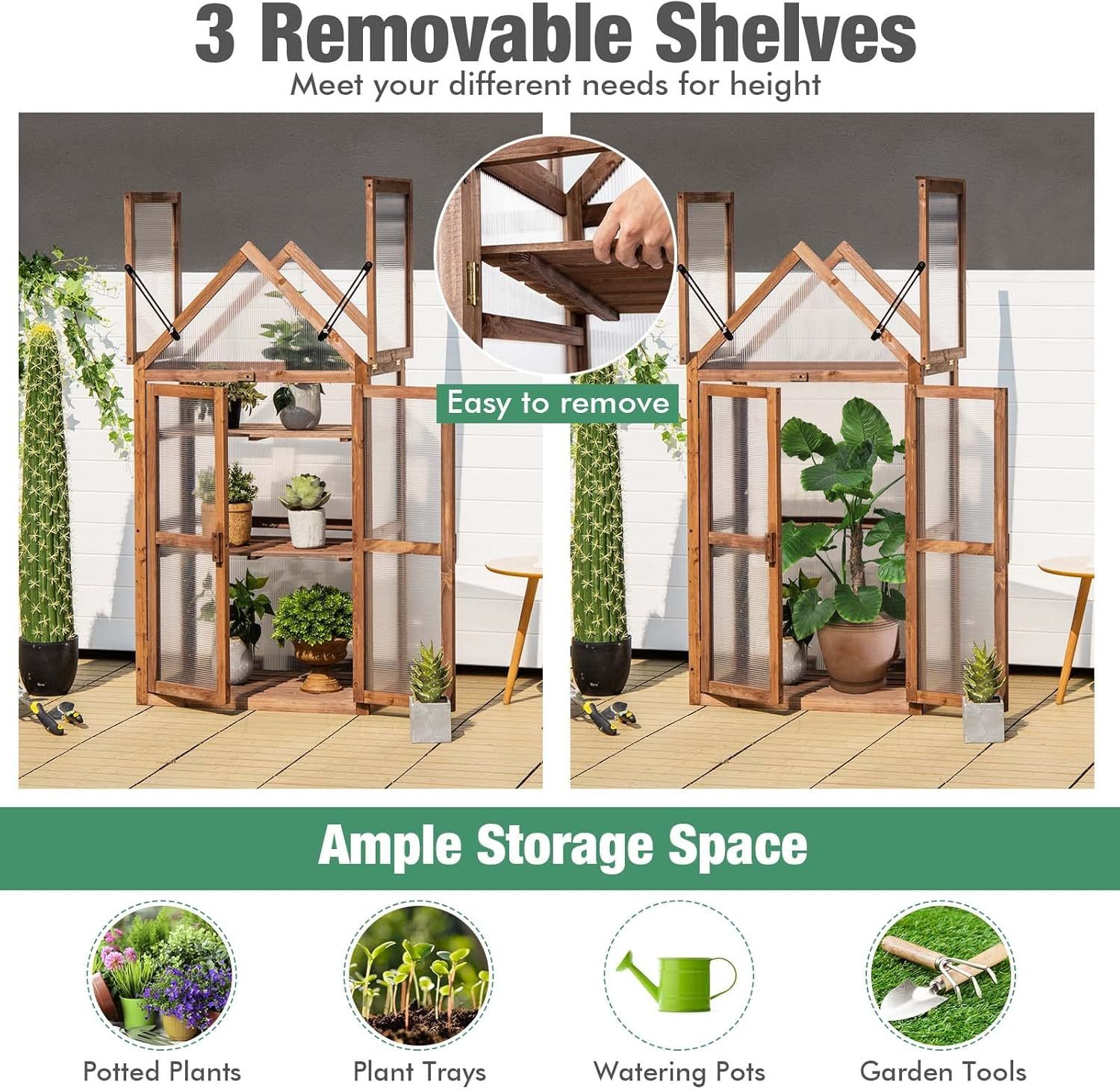 Cold Frame Greenhouse, Mini Wooden Greenhouse Raised Flower Planter Shelf w/Transparent Openable Roof, Double Doors & 3 Tier Shelves