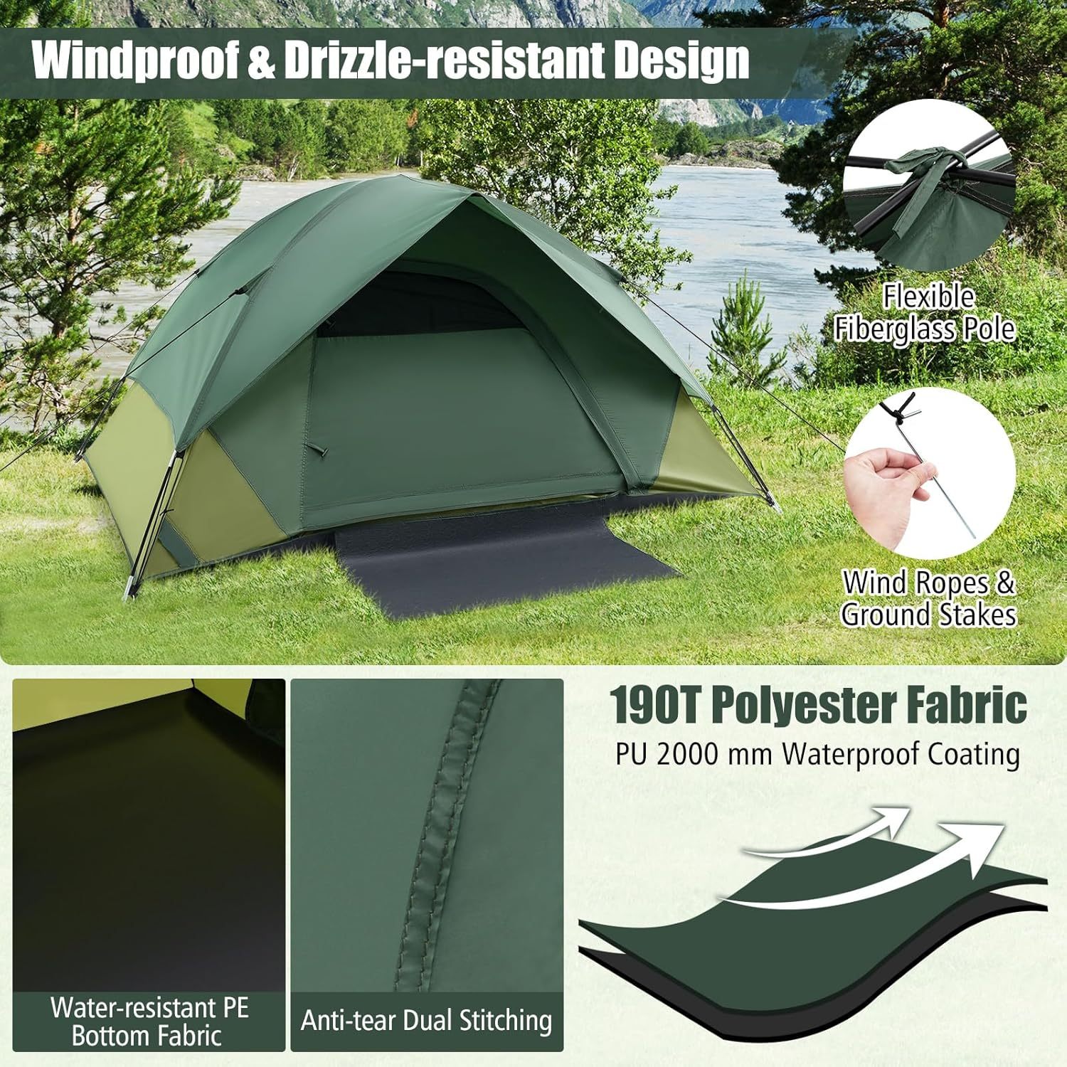 2-Person Camping Tent with Removable Rain Fly, Outdoor Tent with Double-Layer Door, 2 Mesh Windows, Carrying Bag, Portable Tent for Camping, Hiking, Traveling