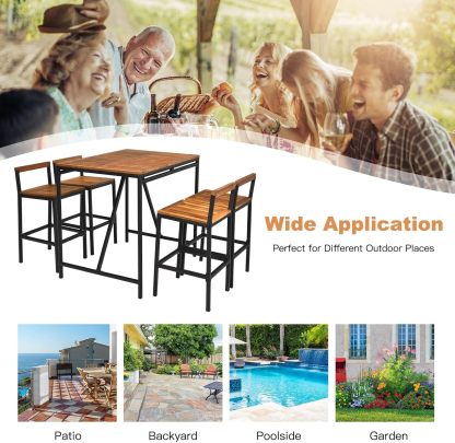 5 Pieces Patio Bar Table Set with Umbrella Hole Acacia Wood High-Dining Bistro Set with 4 Bar Stool, PE Wicker Outdoor Bar Set