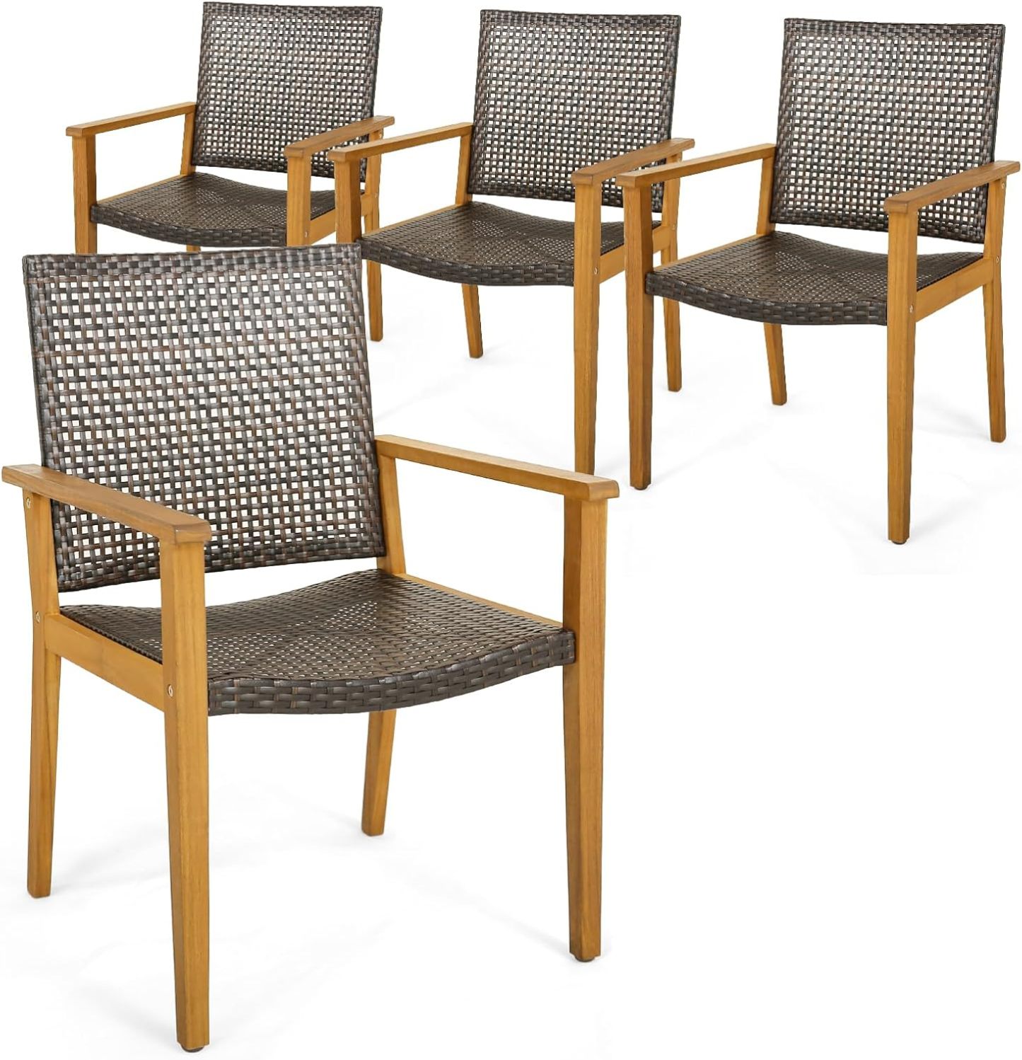 Patio Dining Chair Set of 4, Outdoor Rattan PE Wicker Dining Chairs with Sturdy Acacia Wood Frame, Ergonomic Curved Seat, Outside Rattan Armchairs for Balcony Porch Poolside