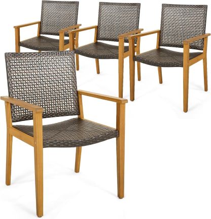 Patio Dining Chair Set of 4, Outdoor Rattan PE Wicker Dining Chairs with Sturdy Acacia Wood Frame, Ergonomic Curved Seat, Outside Rattan Armchairs for Balcony Porch Poolside