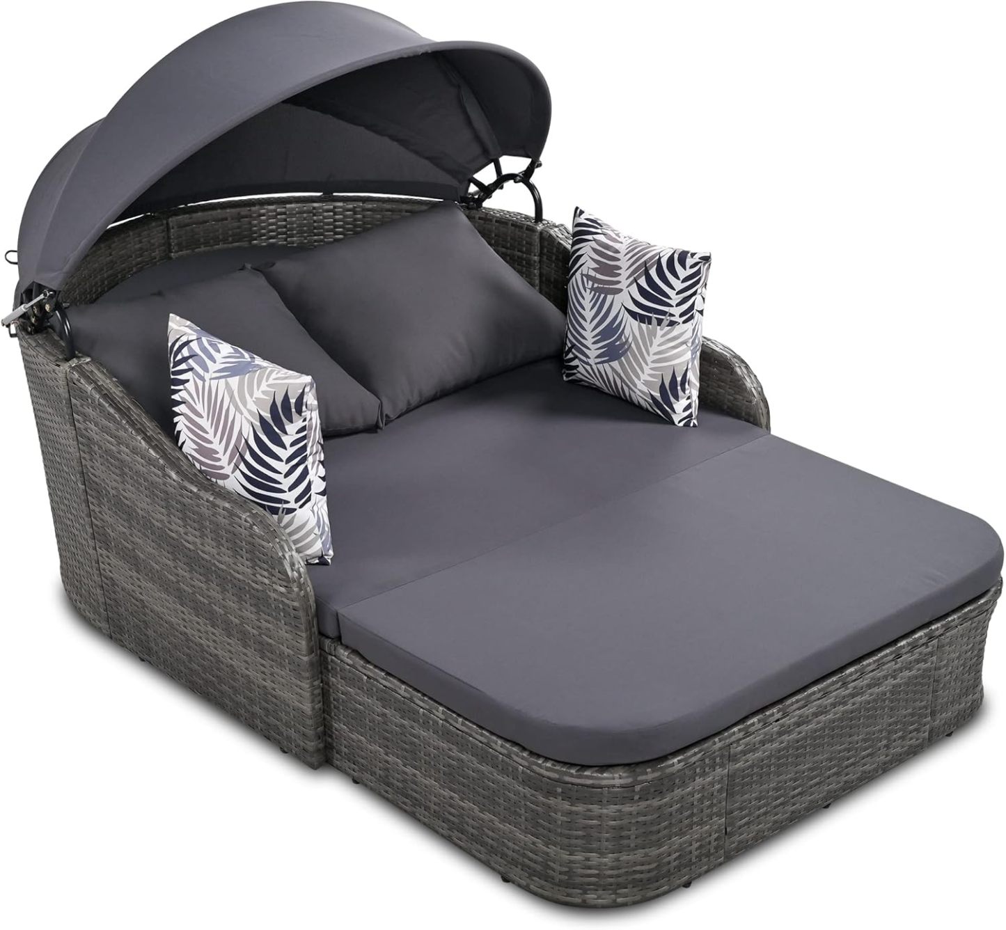 79.9" Outdoor Sunbed Rattan Daybed - PE Wicker Daybed Patio Loveseat Sofa Set with Retractable Canopy Double Lounge