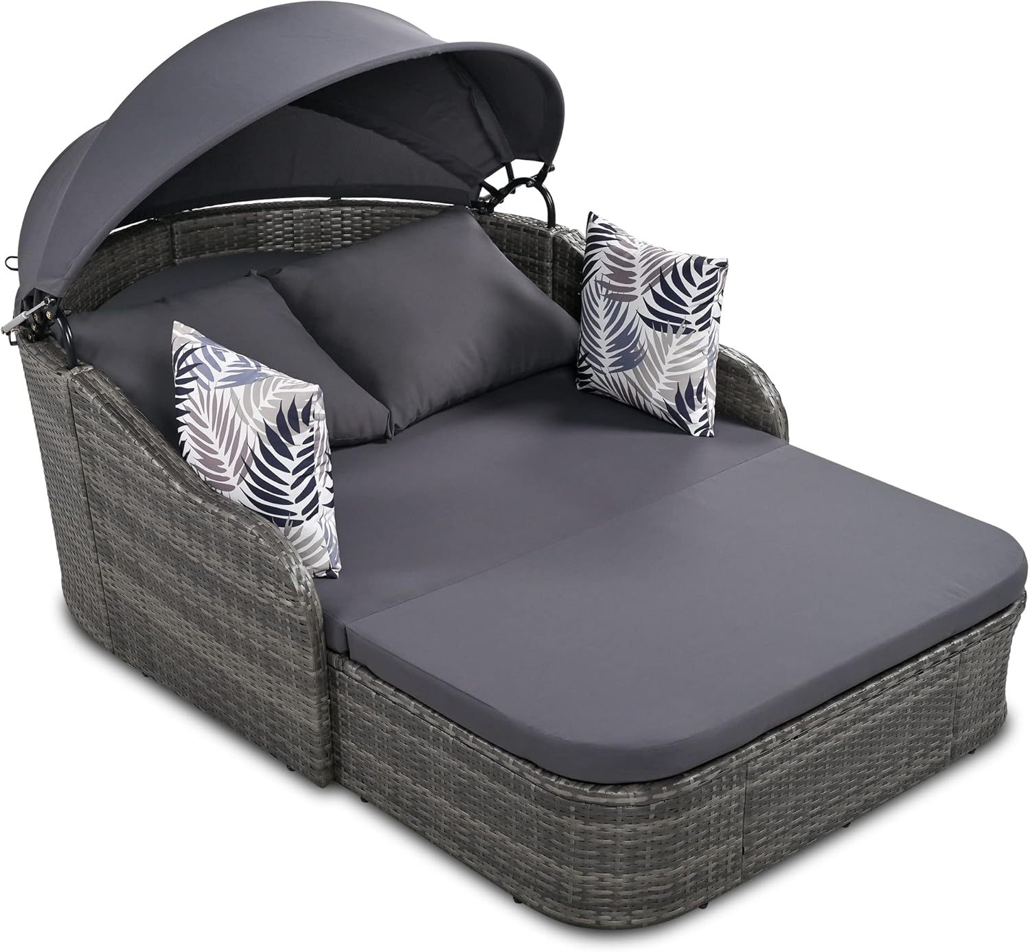 79.9" Outdoor Sunbed Rattan Daybed - PE Wicker Daybed Patio Loveseat Sofa Set with Retractable Canopy Double Lounge