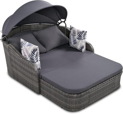 79.9" Outdoor Sunbed Rattan Daybed - PE Wicker Daybed Patio Loveseat Sofa Set with Retractable Canopy Double Lounge