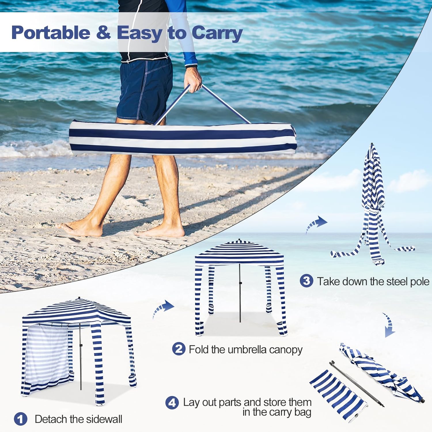 6FT Beach Cabana Canopy, Foldable Beach Sun Shelter with Carrying Bag, Sand Anchor, Detachable Sidewall & 8 Sandbags, Portable Outdoor Sunshade Tent for Camping Picnics